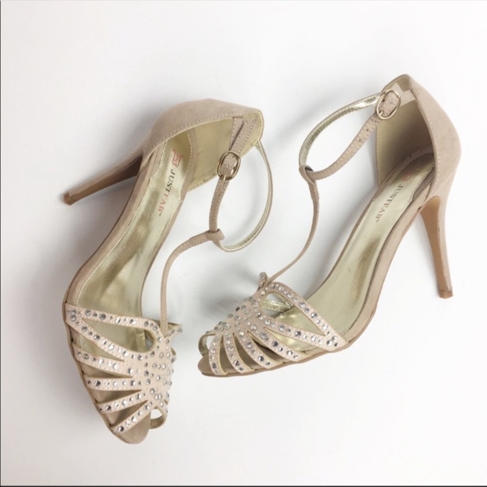 JustFab New Orleans Nude Heels Size 8.5 Sparkly Sexy Ankle Strappy Shoes